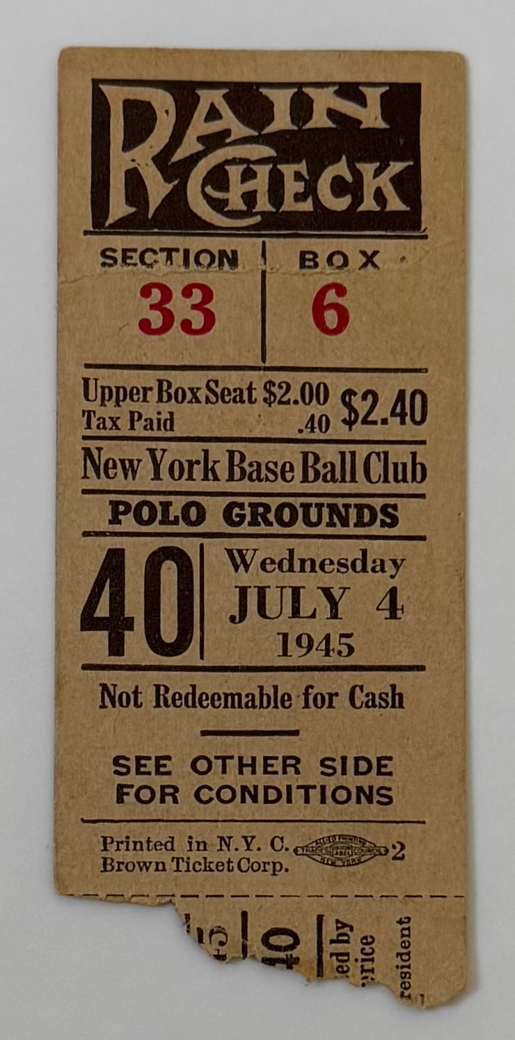 1945 Giants in Polo Grounds vs Cardinals, July 4, 1945, Mel Ott, Doubeheader, Cardinals Win Both Games 8-4 and 19-2