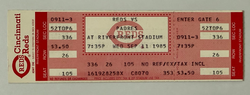 1985 Full Ticket Pete Rose Achieves Milestone Hit 4192  to Break Ty Cobb‘s Record September 11, 1985