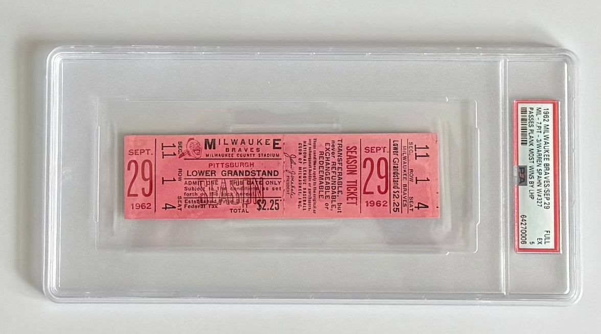 1962 Milwaukee Braves Beat Pittsburgh, 7 to 3 for Warren Spahn's Career Win Number 327, Spahn Passes Eddie Plank for Most Wins Ever by a Left Handed Pitcher, Graded by PSA Excellent 5