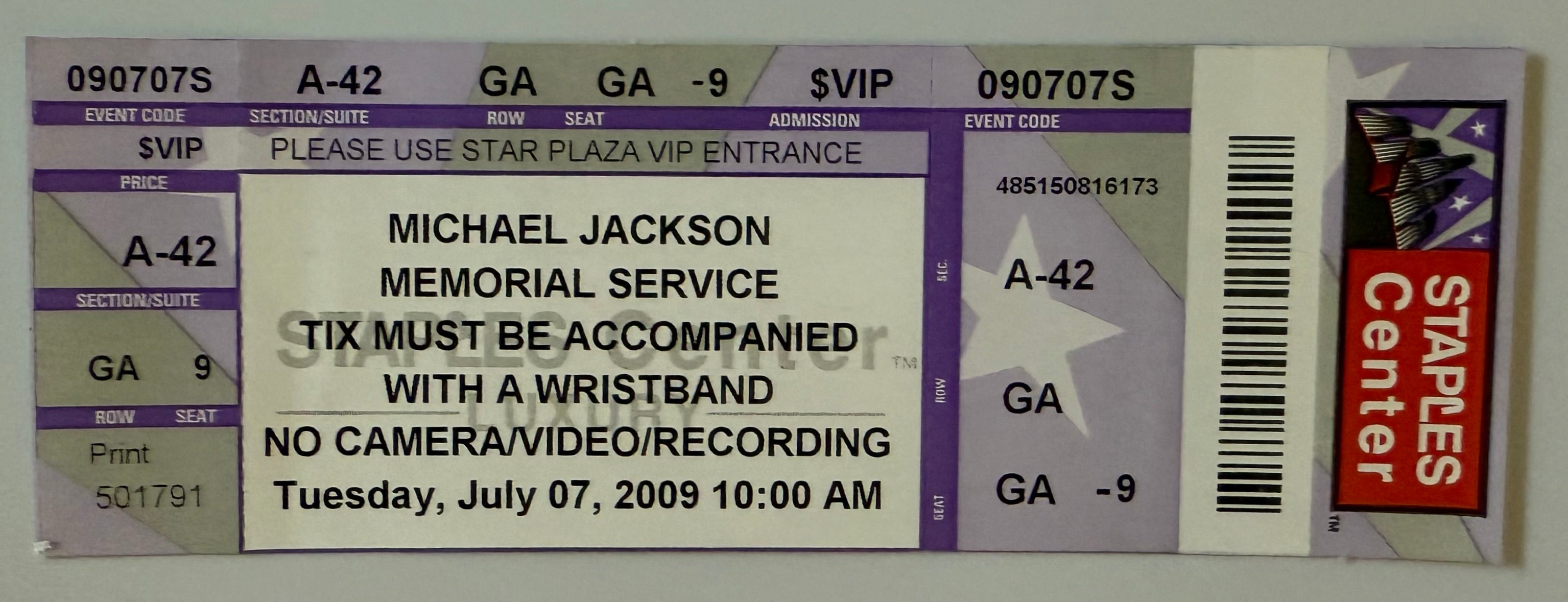 7/7/2009 Michael Jackson Memorial Service Ticket, Staples Center