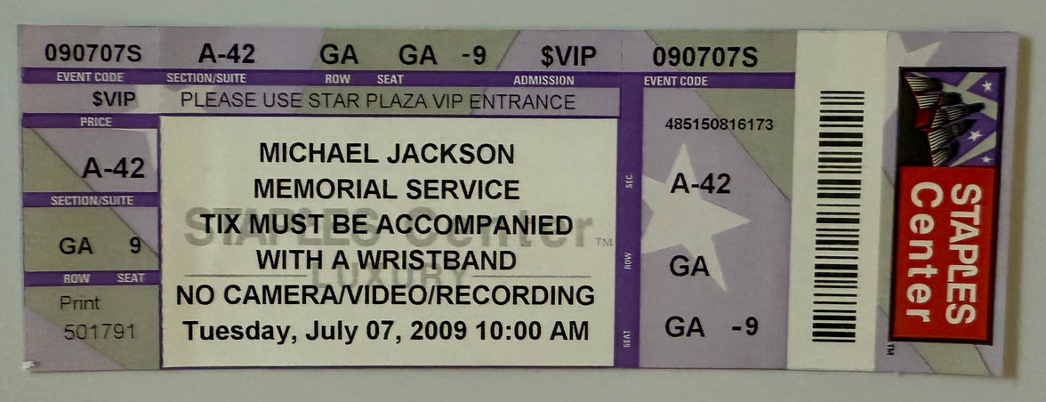 7/7/2009 Michael Jackson Memorial Service Ticket, Staples Center