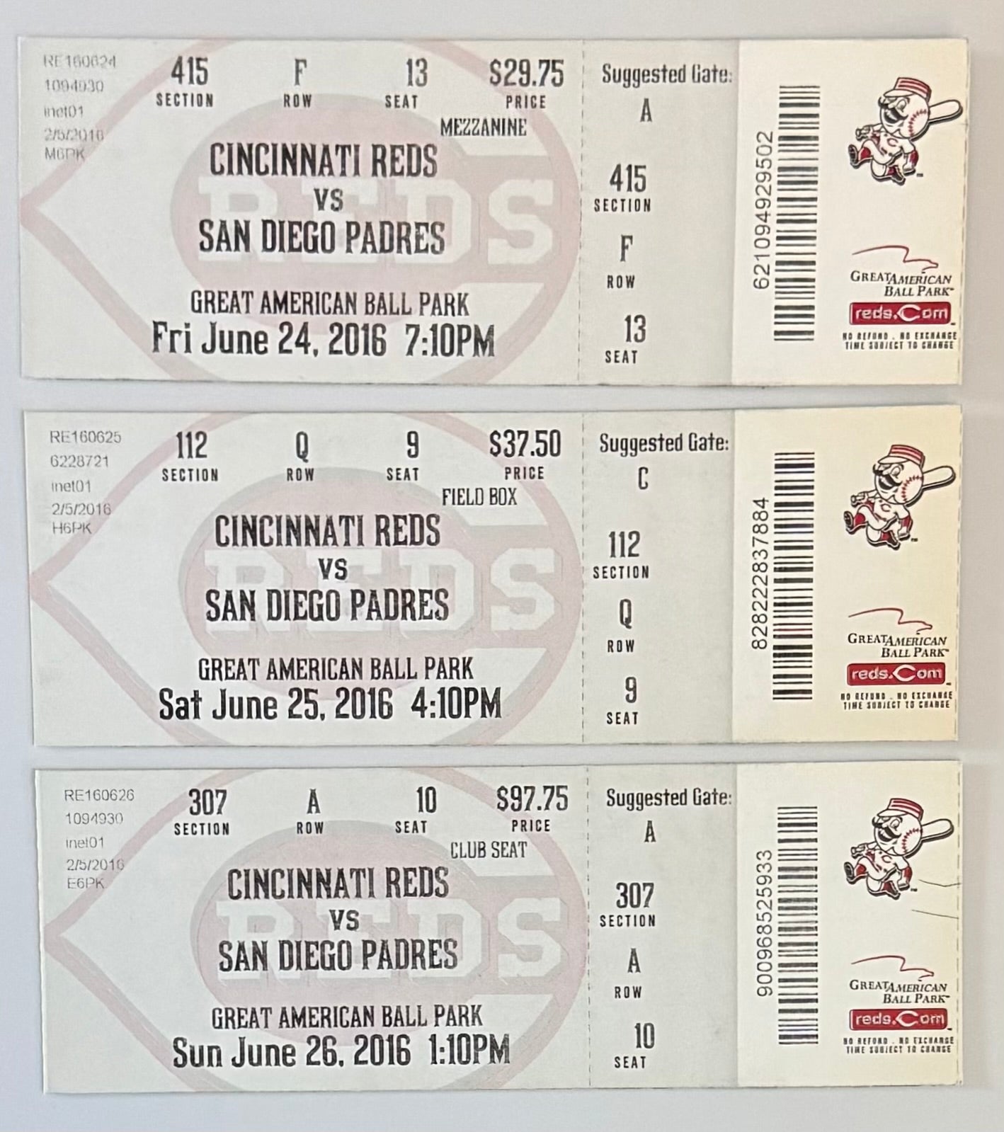2016-Pete Rose Reds Hall of Fame Induction Weekend, Three Tickets