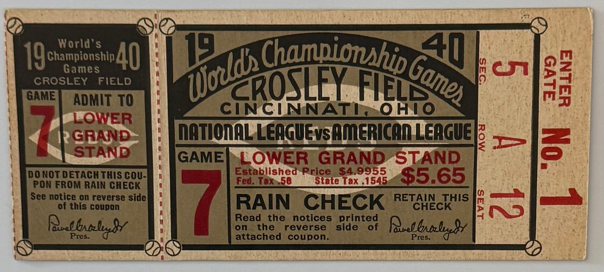 1940 World Series, Game 7, Reds versus Tigers, Ticket Excellent Condition, Writing on Back