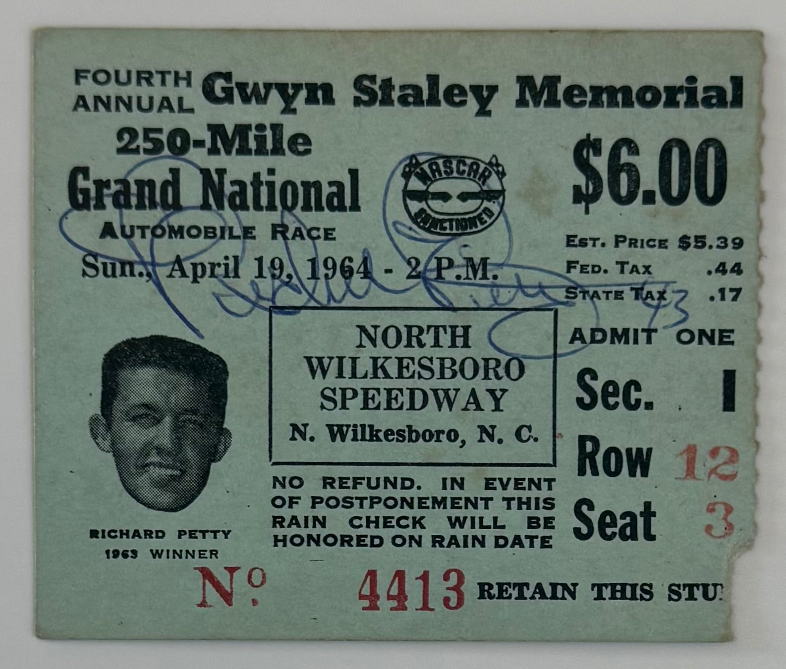 April 19, 1964, Nascar, Gwyn Staley Memorial, Richard Petty Autograph, NIP