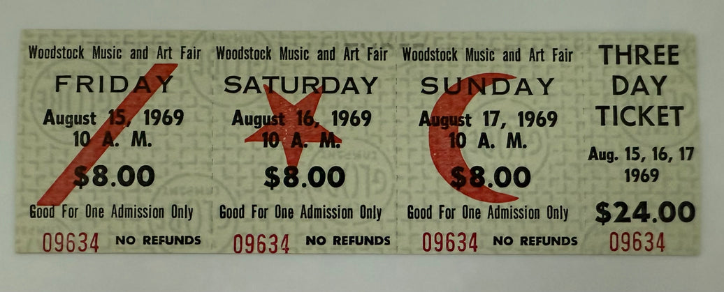 1969 Woodstock, Three Day Ticket, August 15th, 16th and 17th, 1969