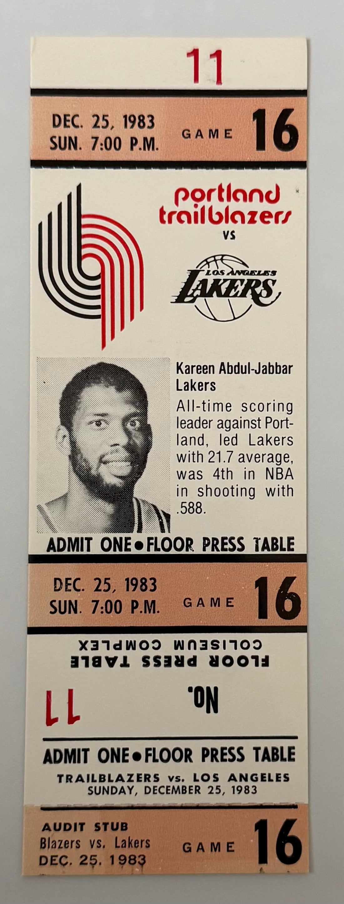 1983 Portland Trailblazers versus Los Angeles Lakers, Christmas Day Game 12/25/1983, Press Table Ticket, Kareem Abdul-Jabbar on Ticket