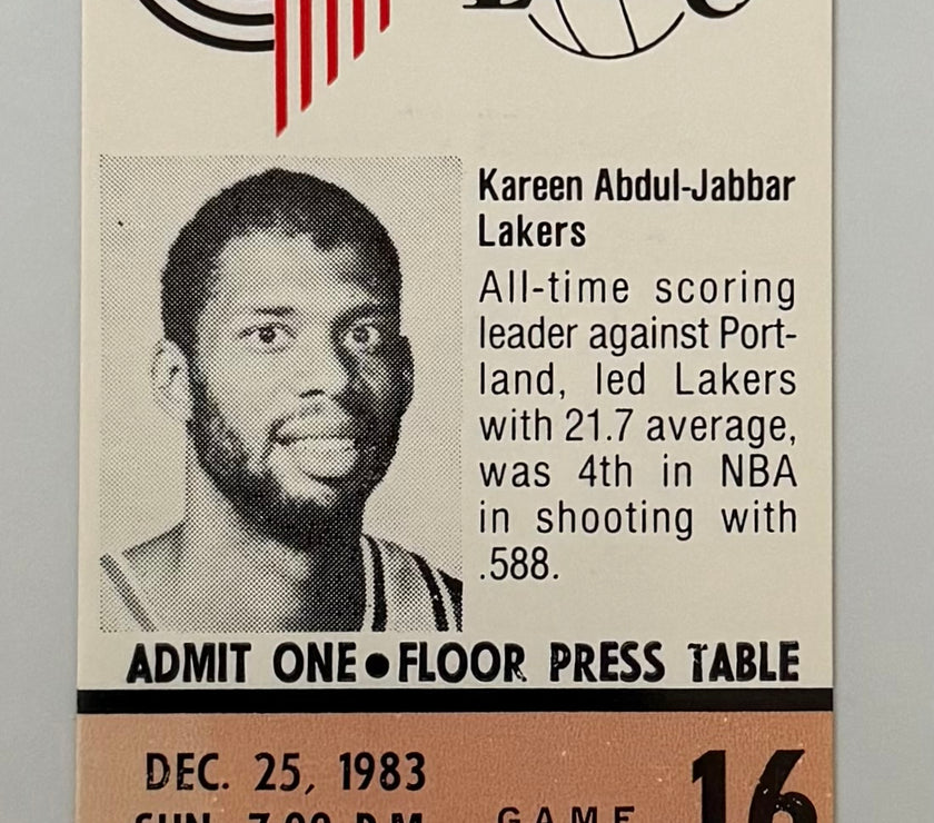 1983 Portland Trailblazers versus Los Angeles Lakers, Christmas Day Game 12/25/1983, Press Table Ticket, Kareem Abdul-Jabbar on Ticket