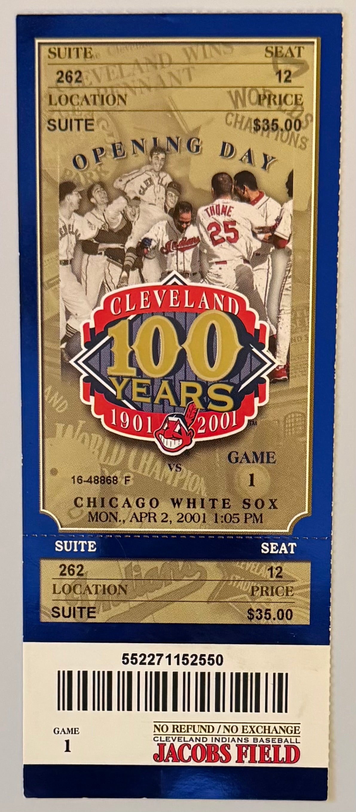 April 2, 2001, Cleveland Indians, Opening Day Full Ticket