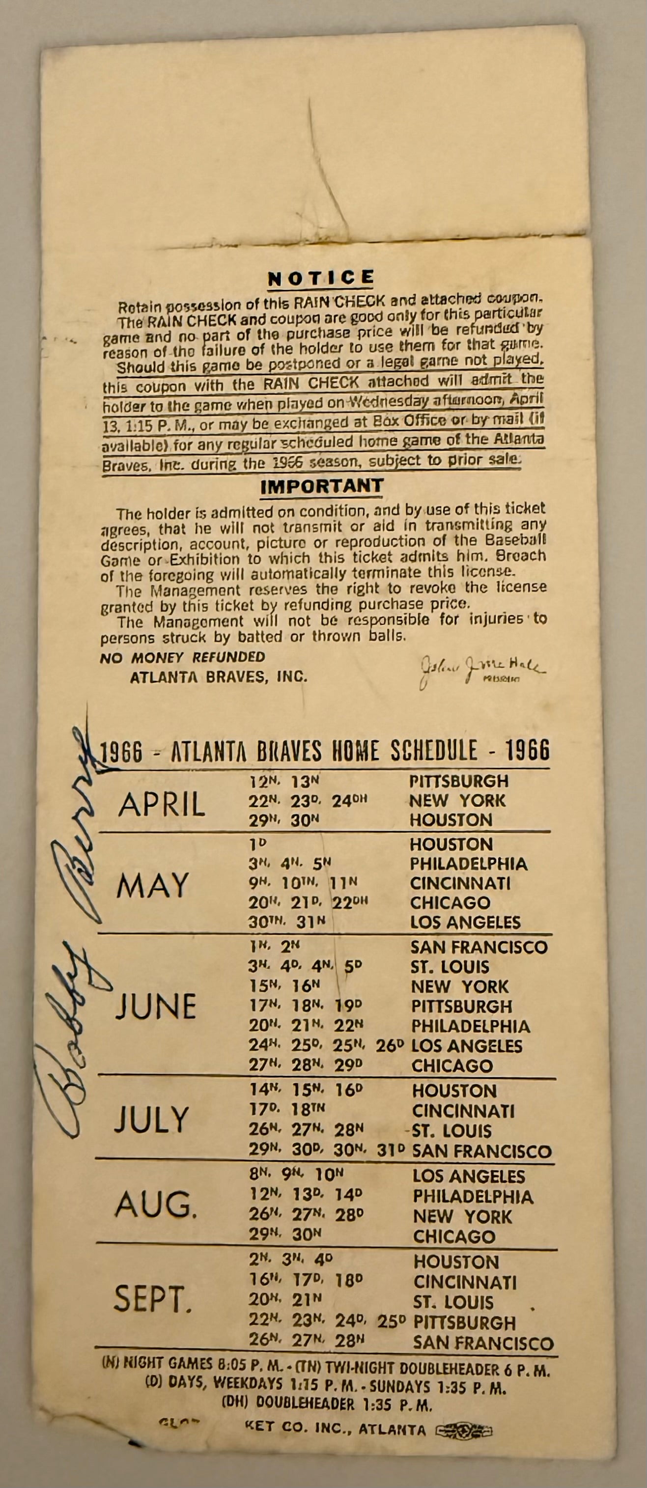 1969 Atlanta Braves First Ever Opening Day Ticket,Poor Condition