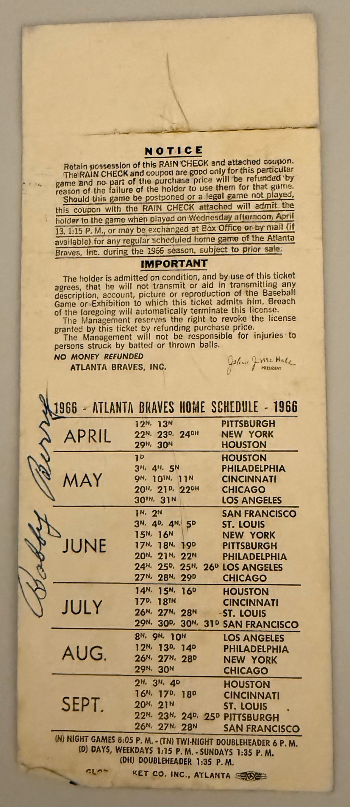 1969 Atlanta Braves First Ever Opening Day Ticket,Poor Condition