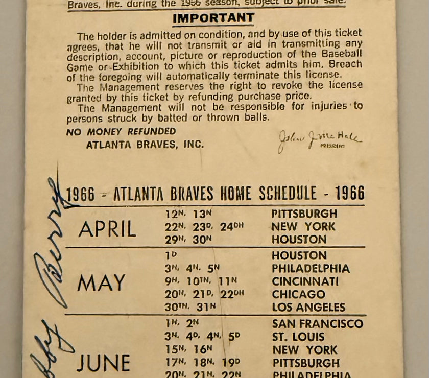 1969 Atlanta Braves First Ever Opening Day Ticket,Poor Condition