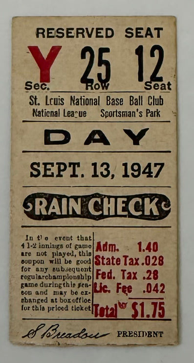 1947 - September 13, 1947, Day Game at Sportsman's Park, Jackie Robinson Rookie Season, 4-5, Brooklyn versus St. Louis