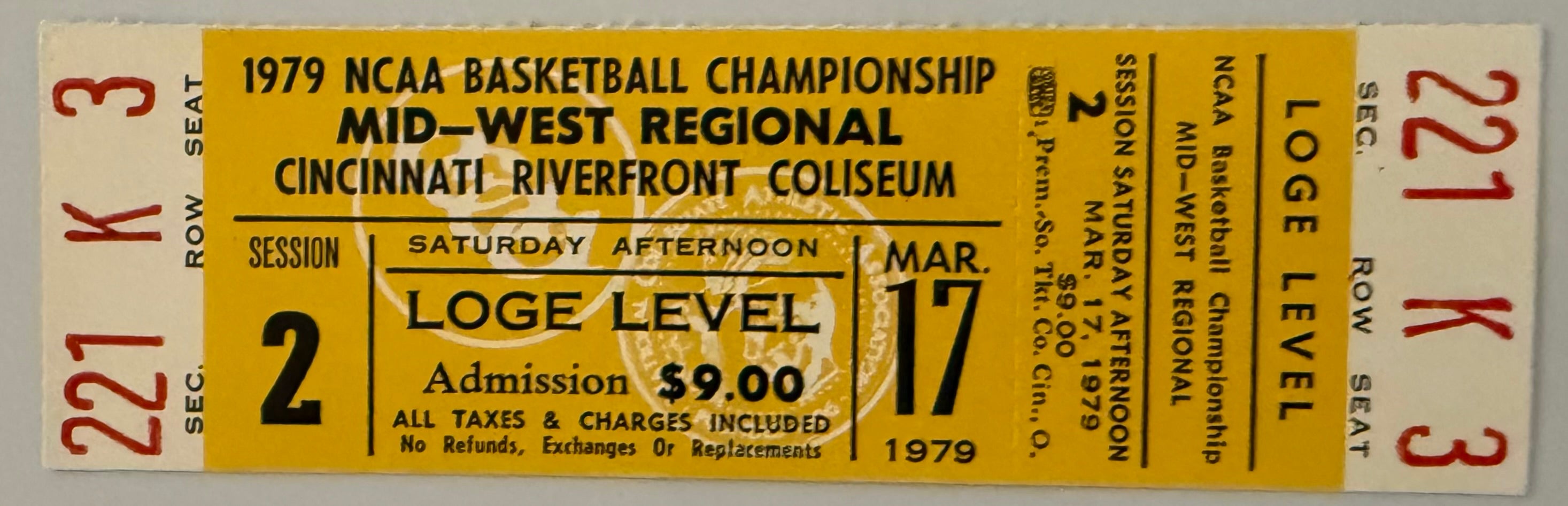 3/17/1979  1979 Midwest Regional NCAA Basketball Semi-finals, Riverfront Coliseum, Larry Bird - Indiana State, Full Ticket