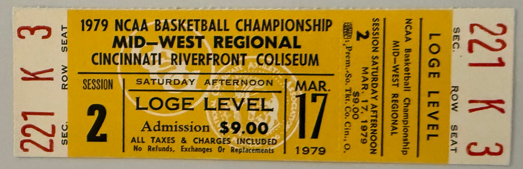 3/17/1979  1979 Midwest Regional NCAA Basketball Semi-finals, Riverfront Coliseum, Larry Bird - Indiana State, Full Ticket