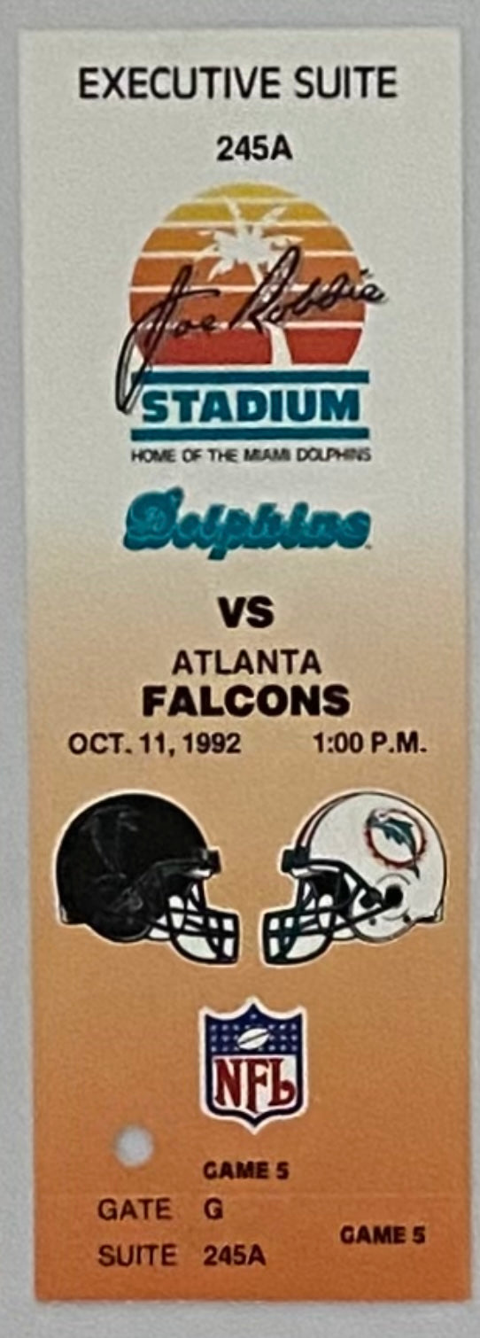 October 11, 1992, Miami Dolphins 21 - Falcons 17, Deion Sanders 2 Sports in 1 Day, Executive Suite Full Ticket, 3"x7"