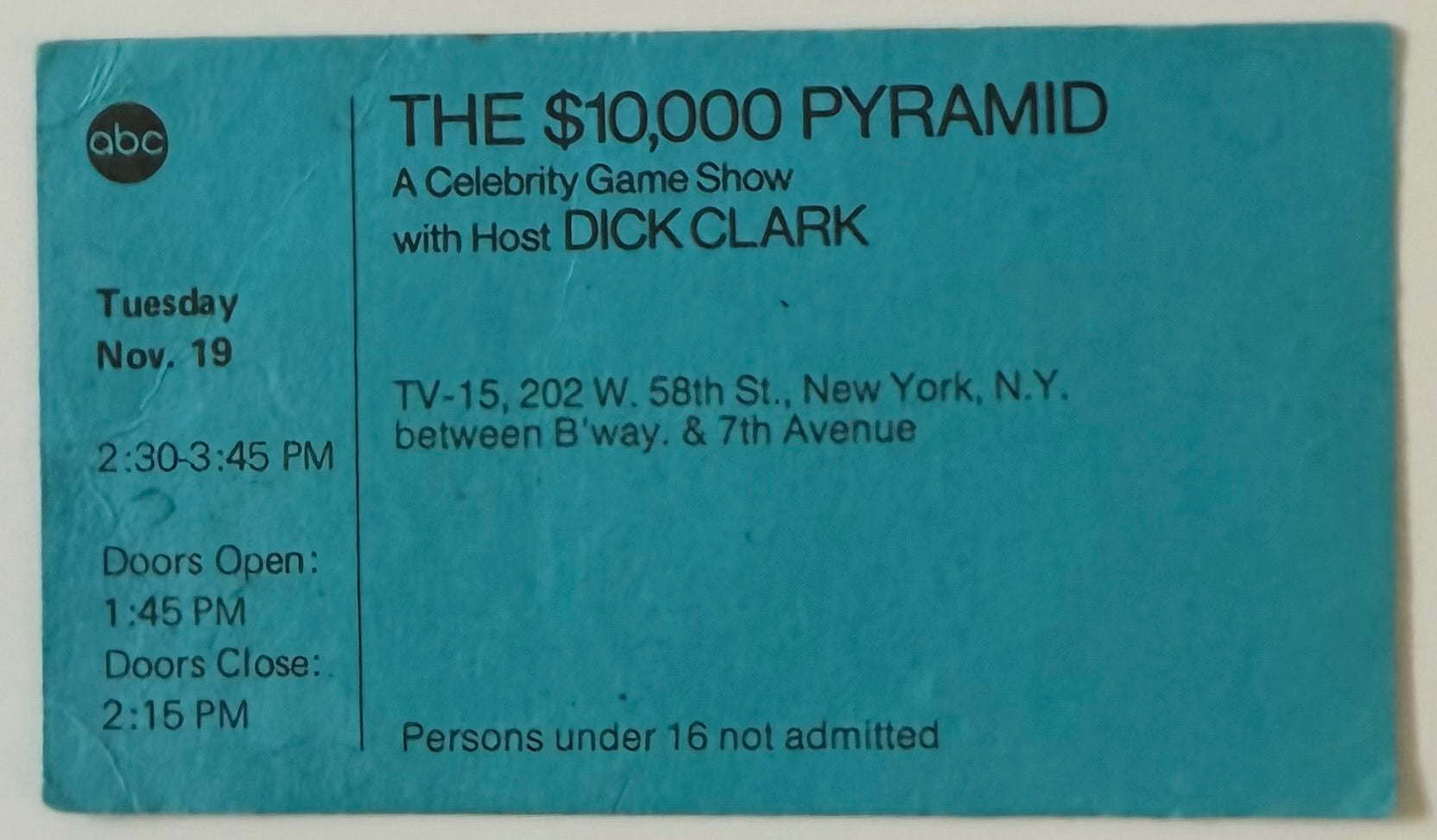 Tuesday, November 19, $10,000 Pyramid Show Taping with Host Dick Clark