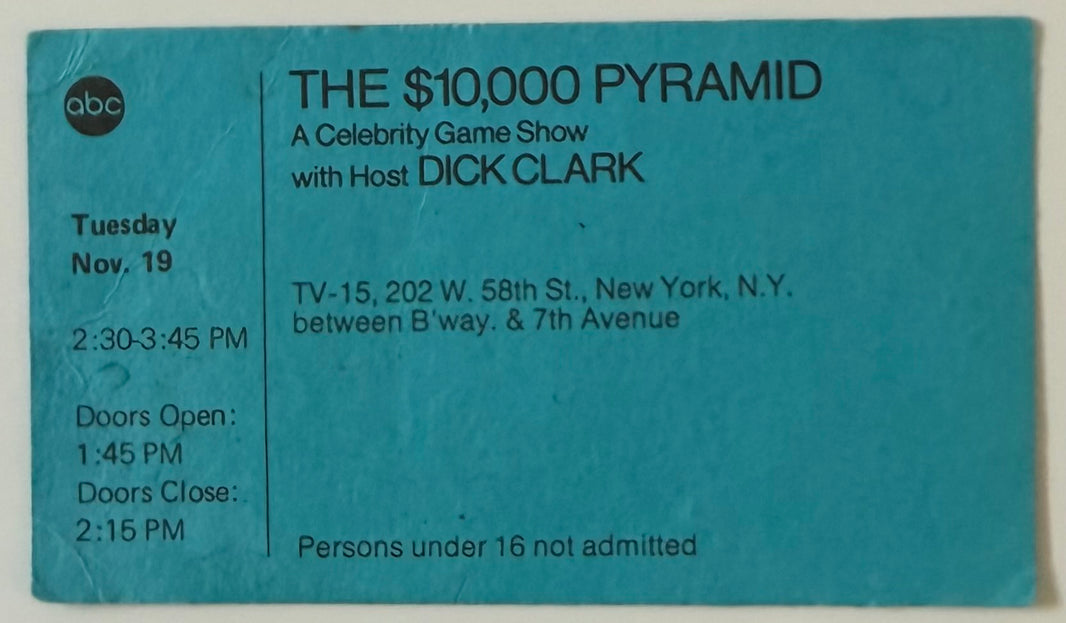 Tuesday, November 19, $10,000 Pyramid Show Taping with Host Dick Clark