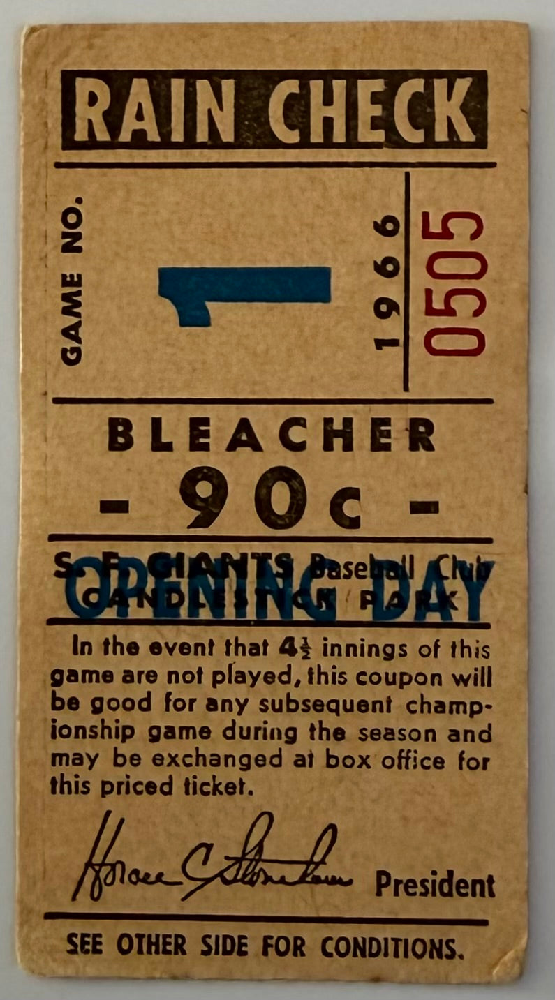1966 San Francisco Giants, Opening Day, Willie Mays Home Run Number 506, Juan Marichal Win Number 106, MK on Back
