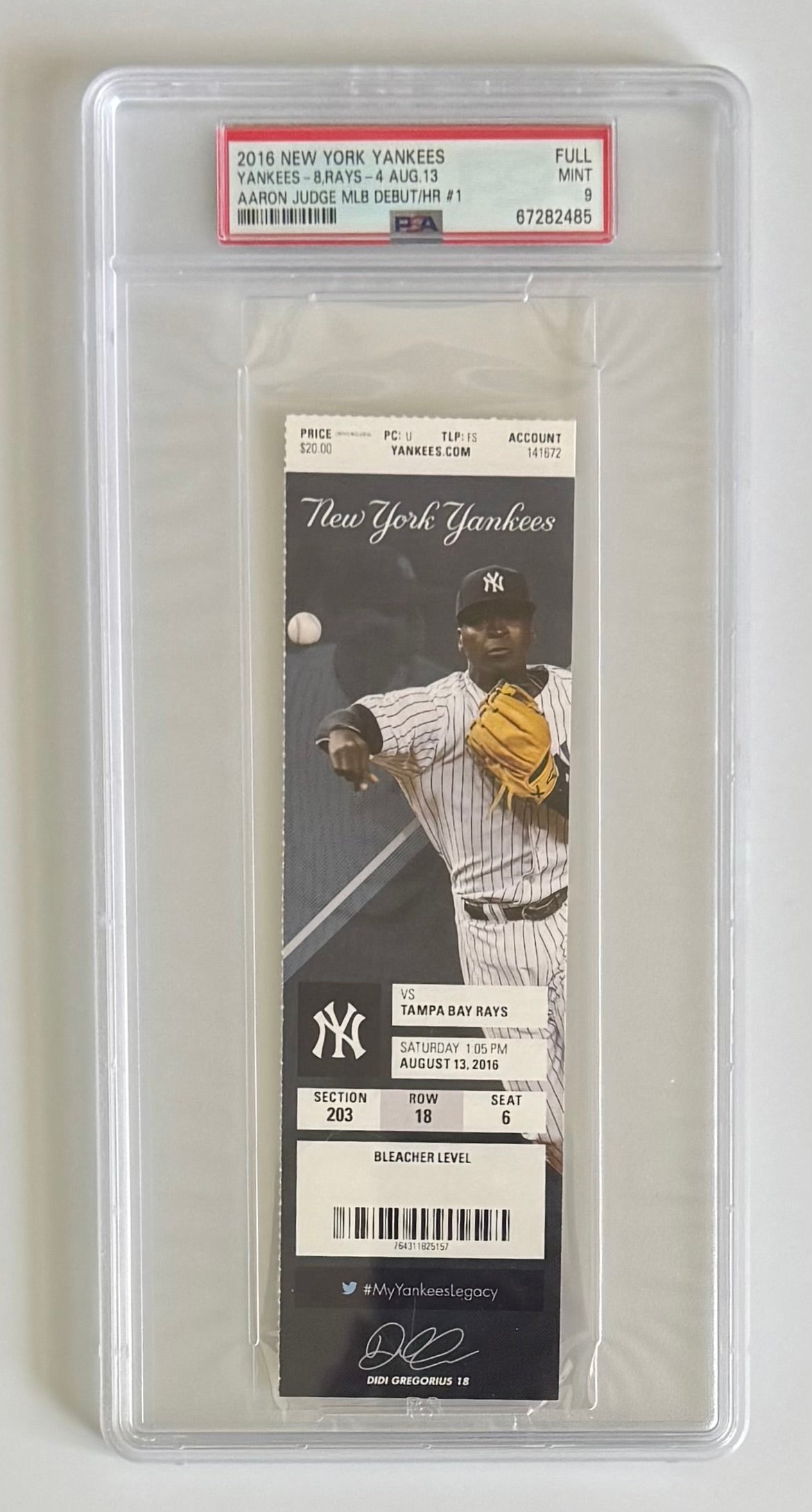 2016 New York Yankees Ticket, Graded PSA Full Mint 9, Aaron Judge MLB Debut and HR #1, 8/13/16