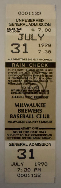 1990 Nolan Ryan Achieves Milestone 300th  Career Win Full Ticket  July 30, 1990