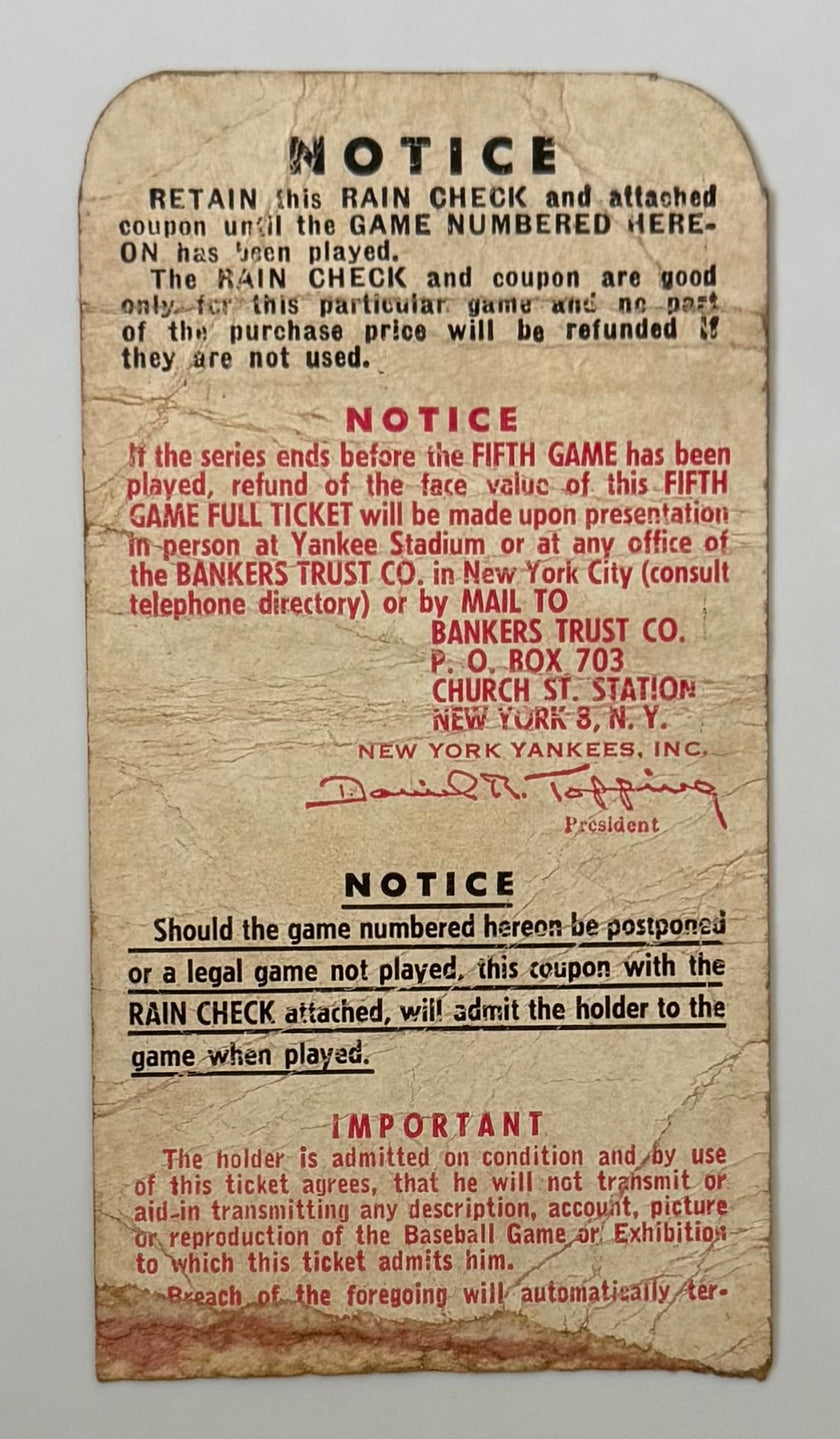 1952 World Series Stub versus Brooklyn Dodgers from Yankee Stadium ,Game 5,  Mickey Mantle Hits Grand Slam, Jackie Robinson Has 2 Hits Writing on Front, Poor Condition