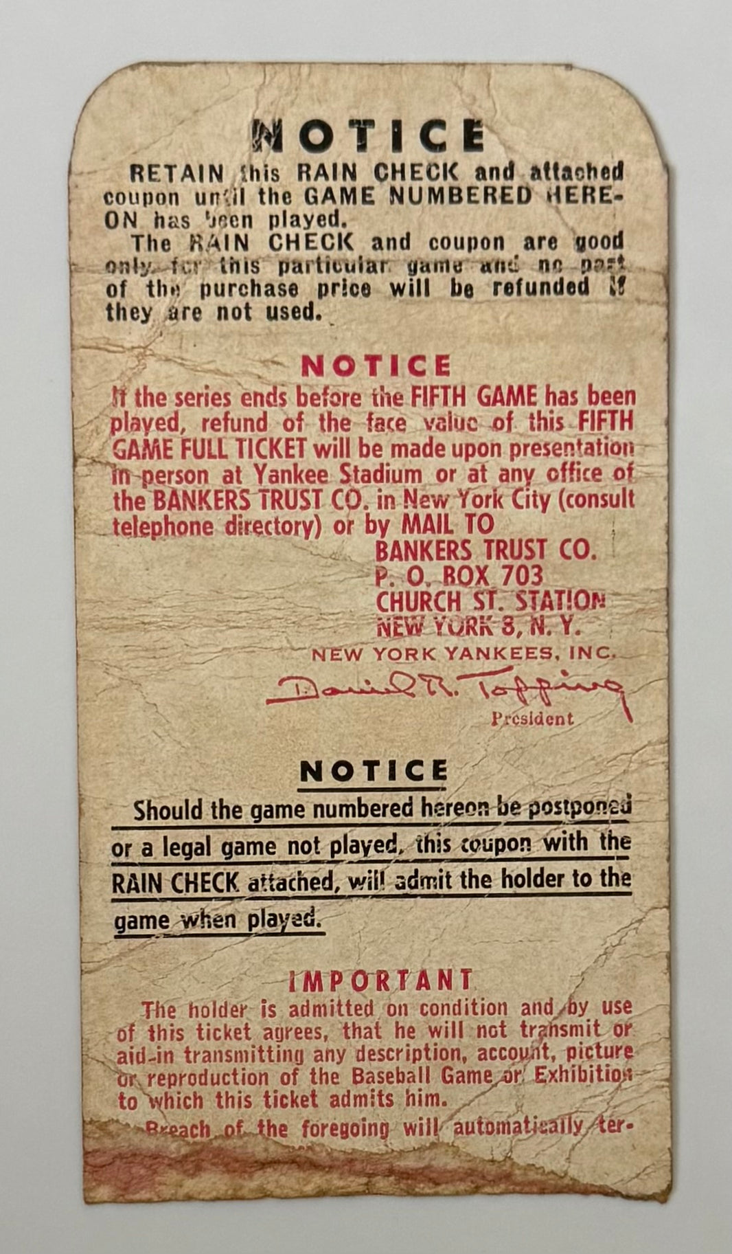 1952 World Series Stub versus Brooklyn Dodgers from Yankee Stadium ,Game 5,  Mickey Mantle Hits Grand Slam, Jackie Robinson Has 2 Hits Writing on Front, Poor Condition