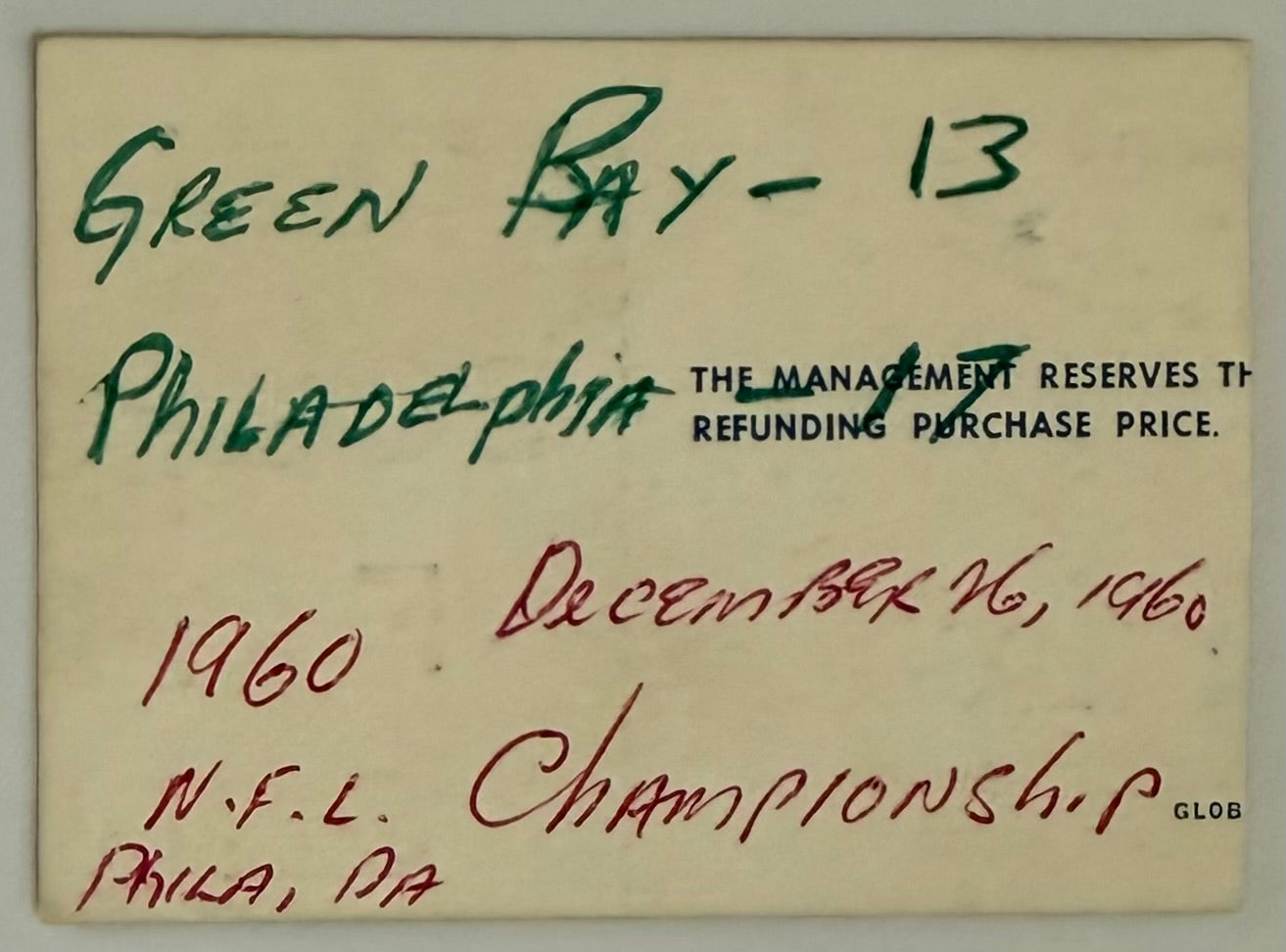 December 26, 1960, NFL Championship, Eagles versus Packers (Writing on Back)