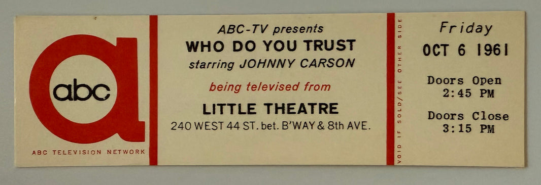 10/6/61 TV Show, Who Do You Trust Starring Johnny Carson