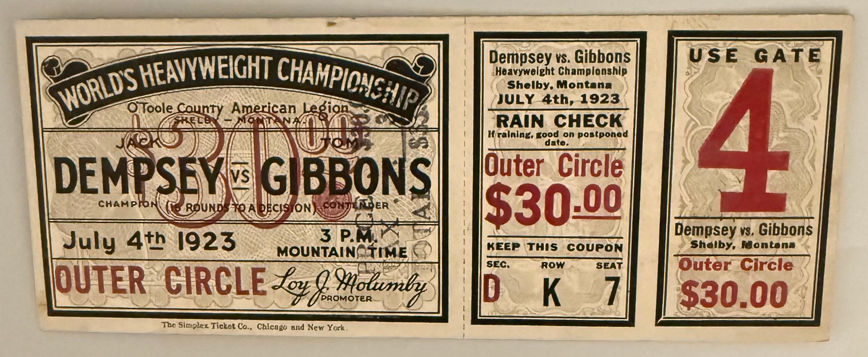 July 4, 1923, Dempsey - Gibbons Heavyweight Fight, The Fight that Broke a Town, Paper Loss on Reverse