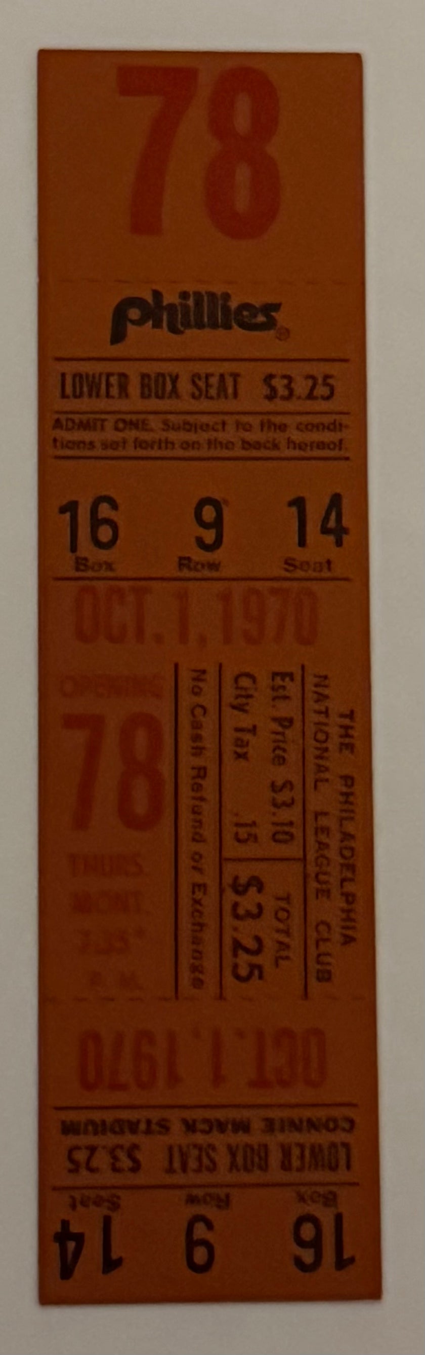 1970 Full Ticket to Last Game Played at  Connie Mack Stadium, October 1, 1970