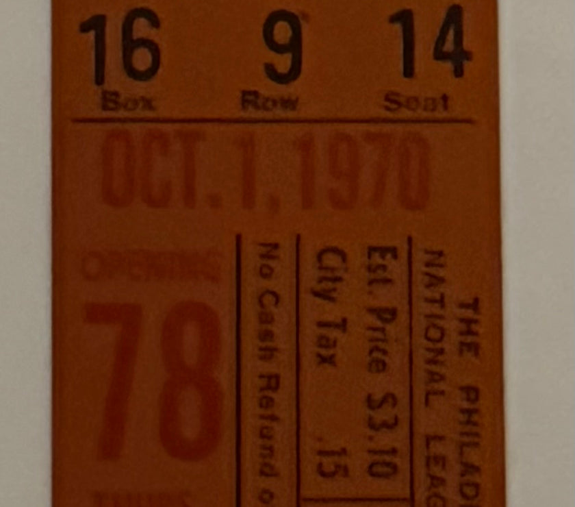 1970 Full Ticket to Last Game Played at  Connie Mack Stadium, October 1, 1970