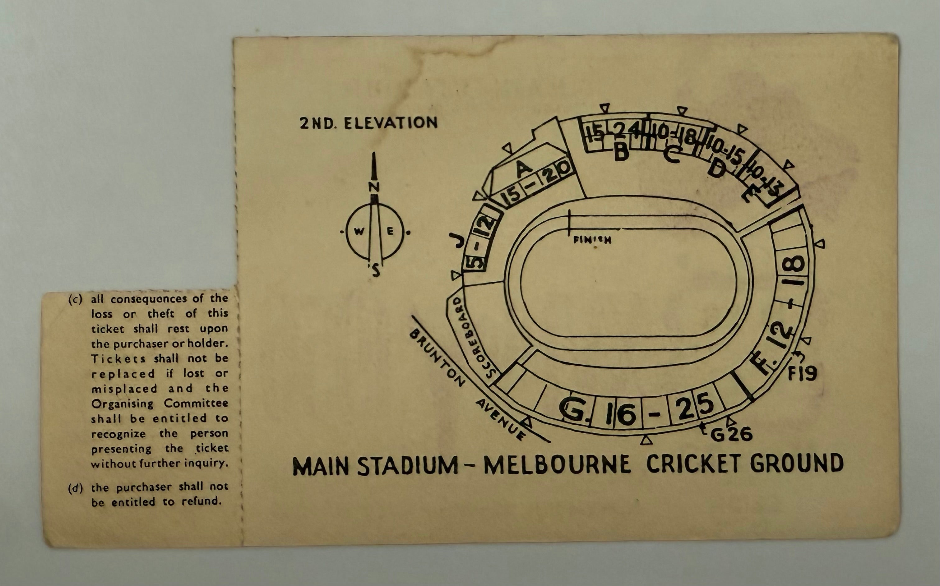 1956 Ticket to Athletics Events at the Melbourne Cricket Stadium, November 23, 1956