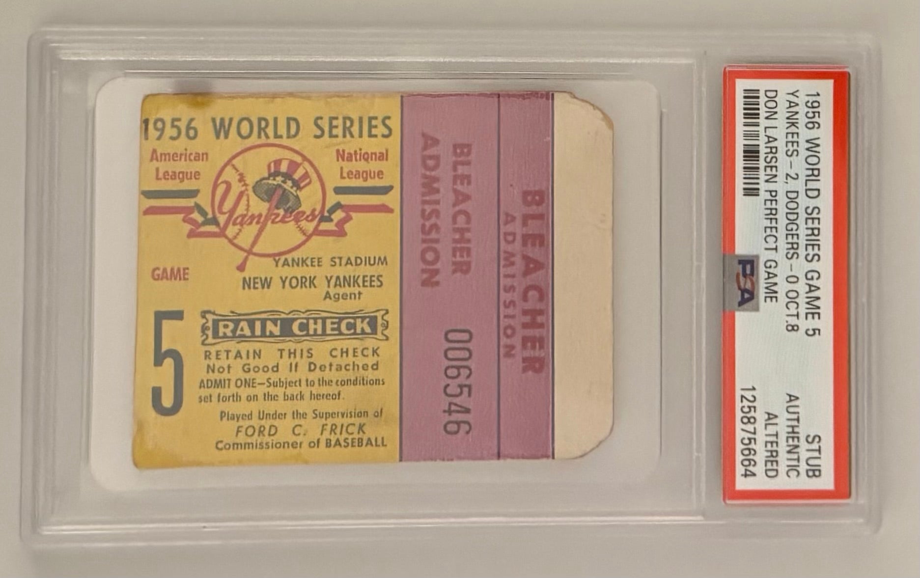 October 8, 1956 World Series Game 5, Yankees-2, Dodgers-0, Don Larsen Perfect Games, PSA Authentic