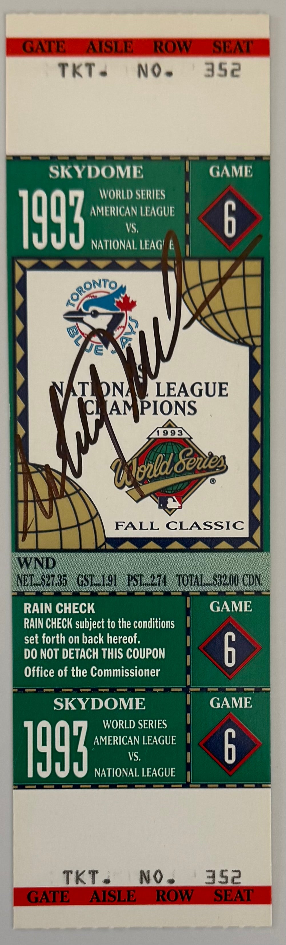 1993 World Series, Game Six, Blue Jays versus Phillies, Mitch Williams Autograph, NIP
