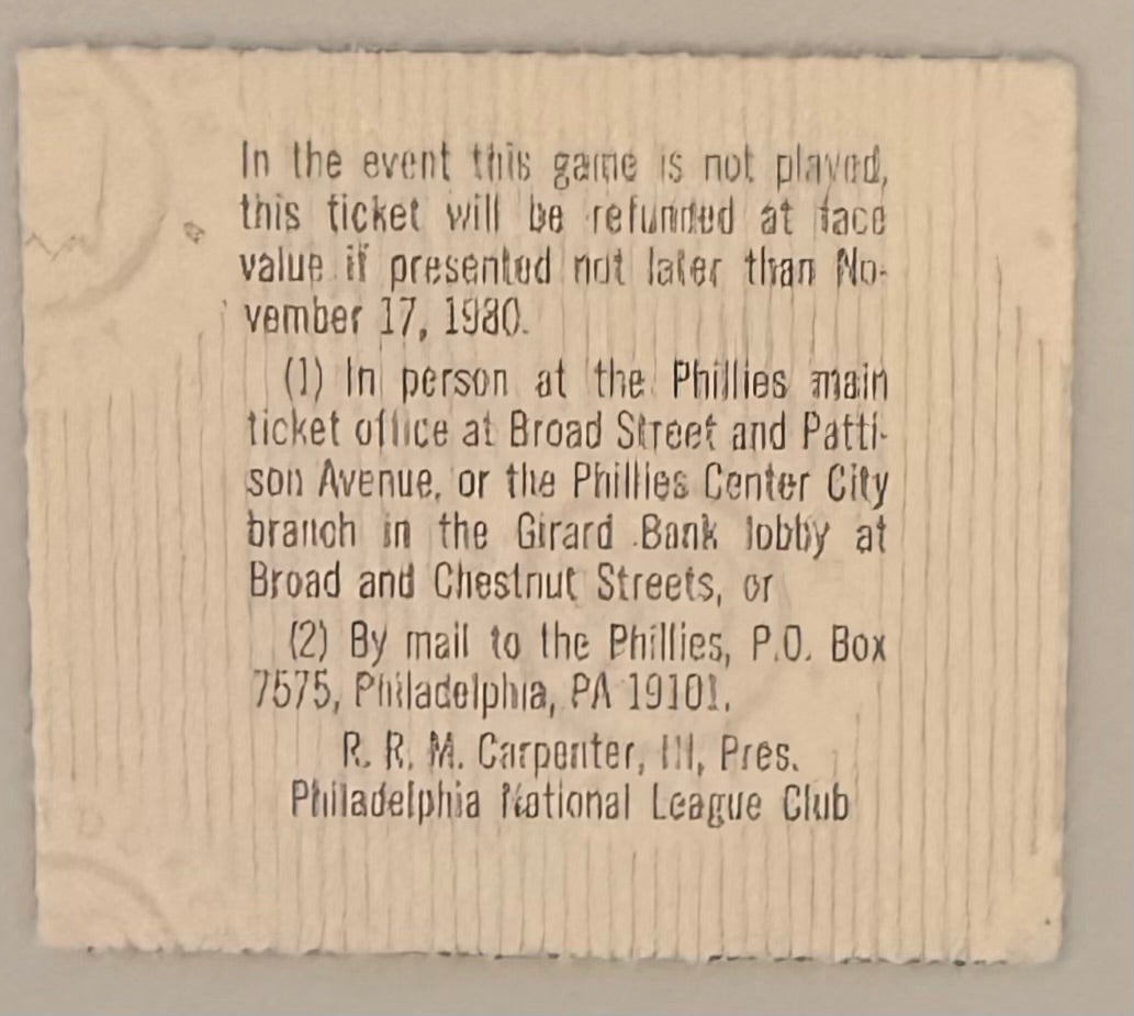 1980 World Series, Game Six, Audit Ticket, Phillies Clinch