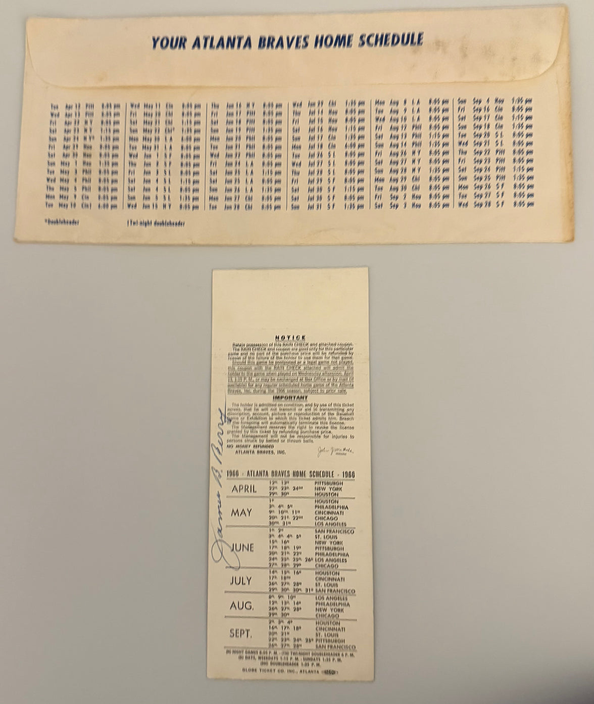 1969 Atlanta Braves First Ever Opening Day Ticket, First Game as a Franchise, Includes Ticket Envelope