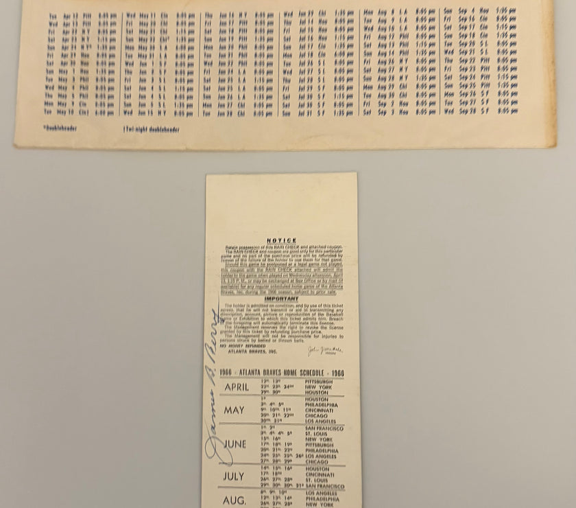 1969 Atlanta Braves First Ever Opening Day Ticket, First Game as a Franchise, Includes Ticket Envelope