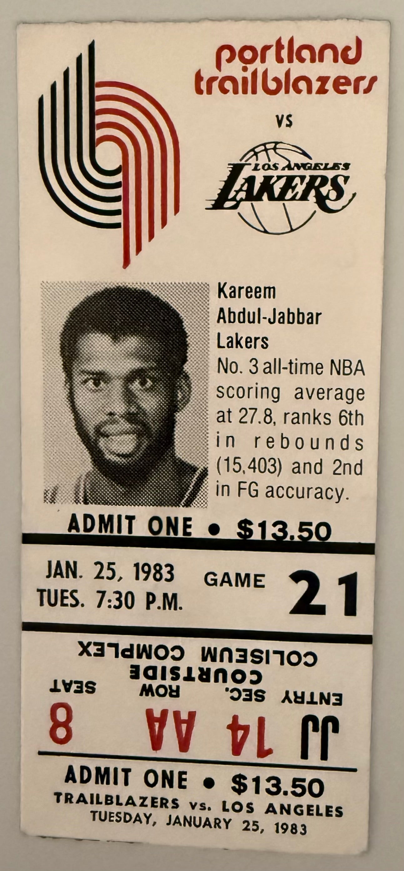 January 25, 1983, Portland versus LA Lakers, Kareem Abdul-Jabbar (MK)