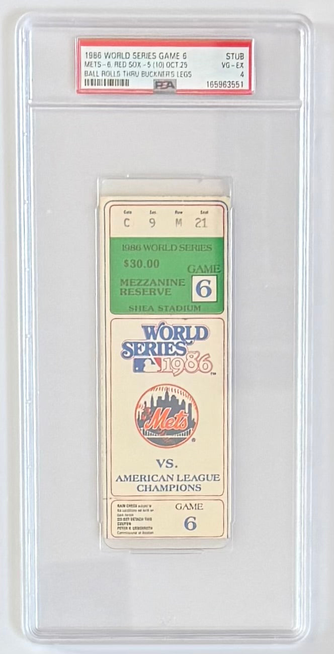 1986 World Series, Game Six Stub, Ball Rolls Between Buckner's Legs, PSA 4