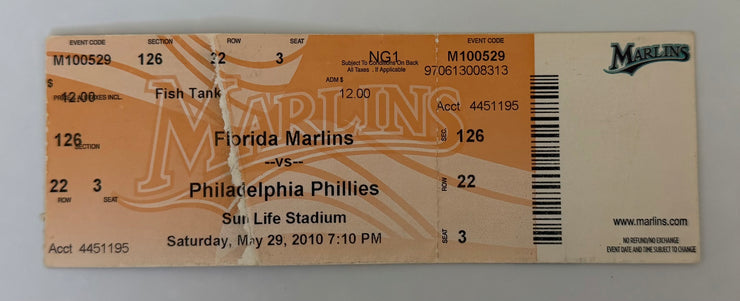2010 Florida Marlins versus Philadelphia Phillies  Roy Halladay Pitches Perfect Game May 29, 2010, Crease