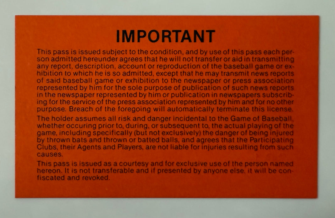 1988 San Francisco Giants Photographer Pass - Candlestick Park