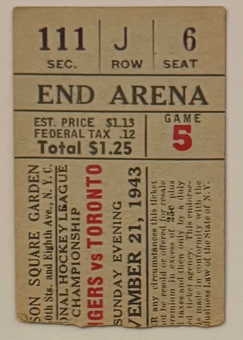 November 21, 1943, NY Rangers versus Toronto, War Time NHL Hockey - MSG