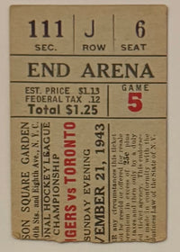 November 21, 1943, NY Rangers versus Toronto, War Time NHL Hockey - MSG