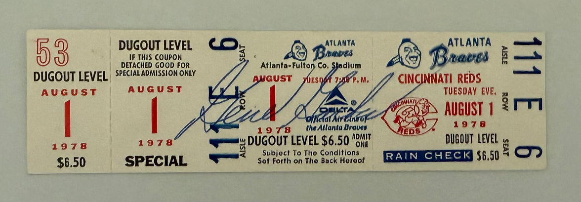 1978 Cincinnati Reds at Atlanta Braves, Full Ticket Signed by Gene Garber, Pete Rose 44 Game National League Hitting Streak Ends, Autograph Not Obtained in Person