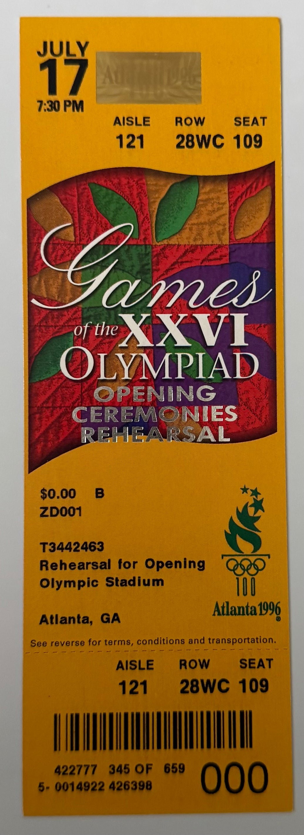 1996 Olympic Opening Ceremony, Rehearsal Ticket, July 17, 1996