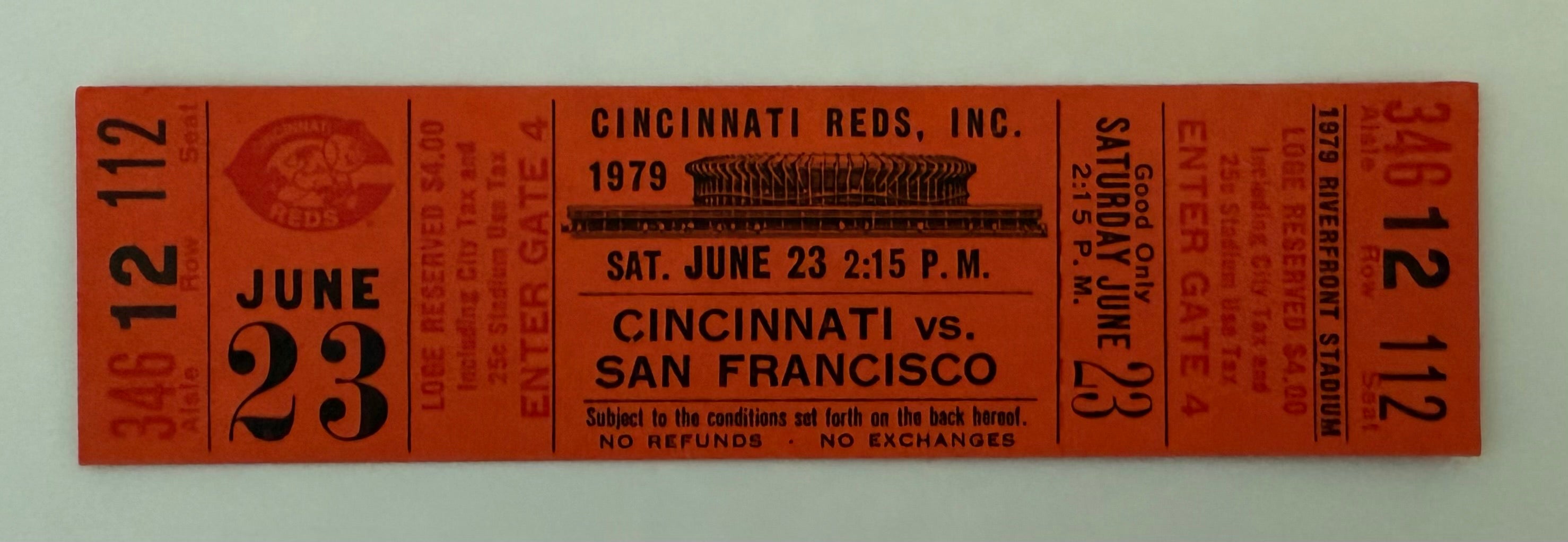1979 Full Ticket Cincinnati Reds versus San Francisco Giants, Pedro Borbon Pitches Immaculate Inning, 6/23/1979, Damage to Reverse