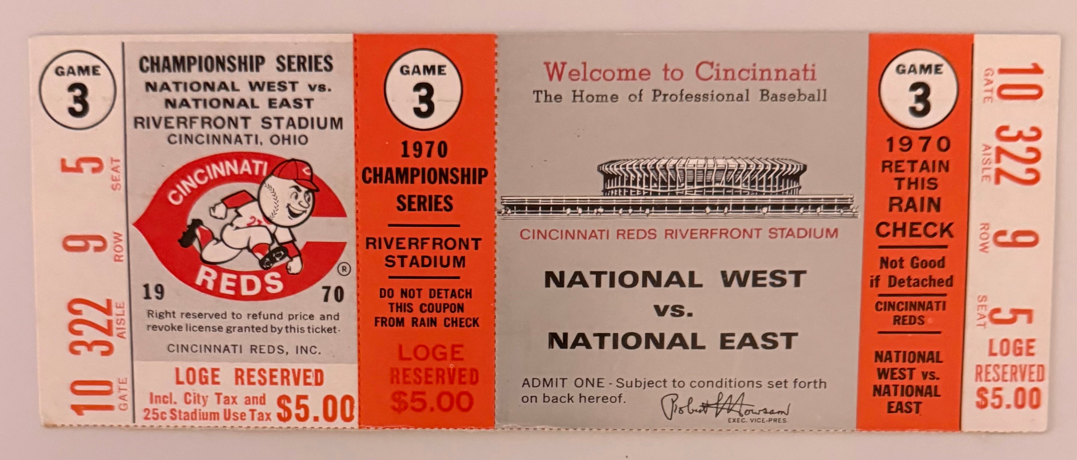 1970 Championship Series Game Three - Cincinnati Reds, Full Ticket