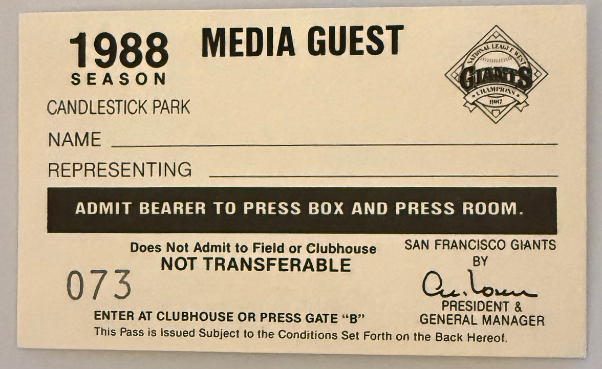 1988 San Francisco Giants Candlestick Park Press Pass
