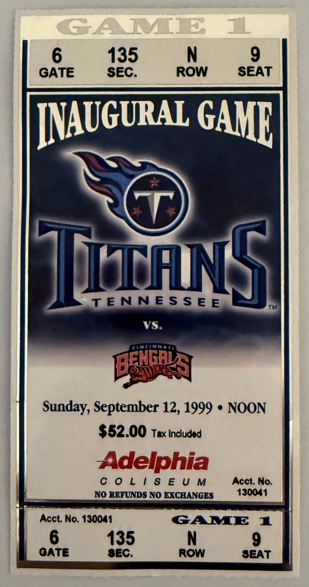 September 12, 1999, Tennessee Titans versus Cincinnati Bengals, First Regular Season Game