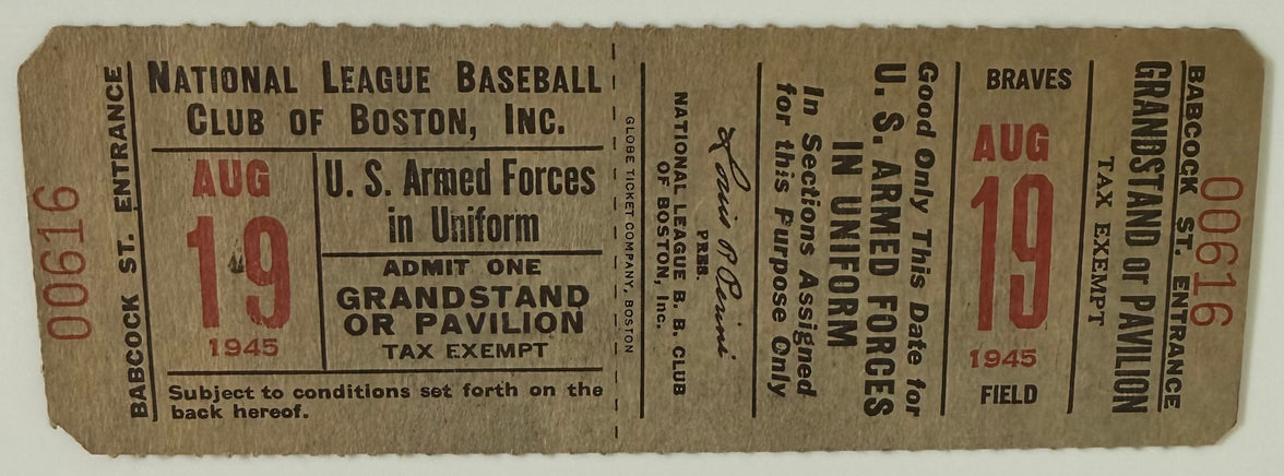 August 19, 1945, Boston Braves - Fenway Park, Armed Forces in Uniform Day, Condition-Reverse